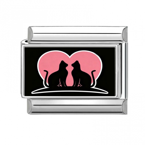 Immagine di 1 Pz 304 Acciaio Inossidabile San Valentino Bracciale con Charm Italiano a Maglie, Creazione di Gioielli Fai-da-te Tono Argento Nero Rettangolo Gatto 10mm x 9mm