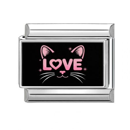 Picture of 1 Piece 304 Stainless Steel Italian Charm Links For DIY Bracelet Jewelry Making Silver Tone Black Rectangle Cat Message " LOVE " 10mm x 9mm