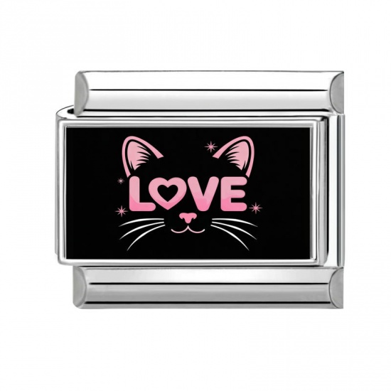 Immagine di 1 Pz 304 Acciaio Inossidabile Bracciale con Charm Italiano a Maglie, Creazione di Gioielli Fai-da-te Tono Argento Nero Rettangolo Gatto Messaggio " LOVE " 10mm x 9mm