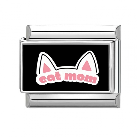 Picture of 1 Piece 304 Stainless Steel Italian Charm Links For DIY Bracelet Jewelry Making Silver Tone Rectangle Cat Message " CAT MOM " 10mm x 9mm
