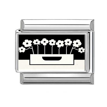 Picture of 1 Piece 304 Stainless Steel Italian Charm Links For DIY Bracelet Jewelry Making Silver Tone Black Rectangle Flower 10mm x 9mm