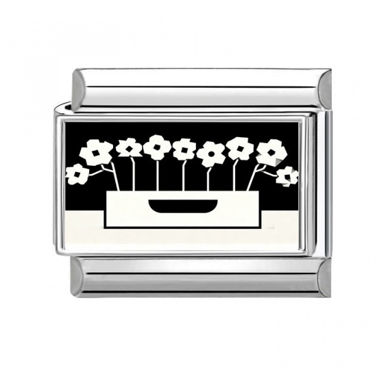 Immagine di 1 Pz 304 Acciaio Inossidabile Bracciale con Charm Italiano a Maglie, Creazione di Gioielli Fai-da-te Tono Argento Nero Rettangolo Fiore 10mm x 9mm