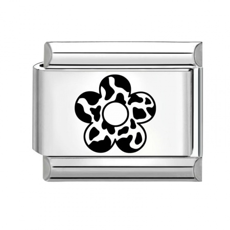 Picture of 1 Piece 304 Stainless Steel Italian Charm Links For DIY Bracelet Jewelry Making Wholesale Silver Tone Black Rectangle Flower 10mm x 9mm