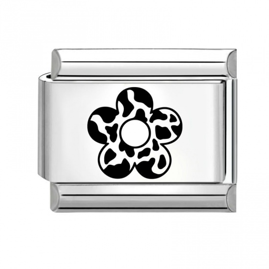 Picture of 1 Piece 304 Stainless Steel Italian Charm Links For DIY Bracelet Jewelry Making Wholesale Silver Tone Black Rectangle Flower 10mm x 9mm