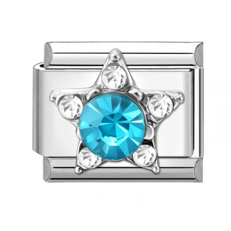 Picture of 1 Piece 304 Stainless Steel Italian Charm Links For DIY Modular Bracelet Watch Jewelry Making Wholesale Silver Tone Rectangle Pentagram Star Blue Rhinestone 10mm x 9mm