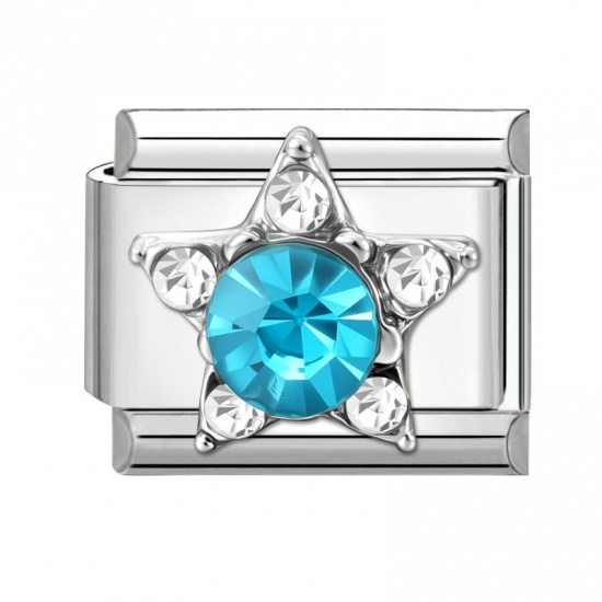 Picture of 1 Piece 304 Stainless Steel Italian Charm Links For DIY Modular Bracelet Watch Jewelry Making Wholesale Silver Tone Rectangle Pentagram Star Blue Rhinestone 10mm x 9mm