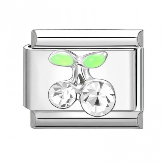 Picture of 1 Piece 304 Stainless Steel Italian Charm Links For DIY Modular Bracelet Watch Jewelry Making Wholesale Silver Tone Rectangle Cherry Fruit Clear Rhinestone 10mm x 9mm