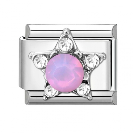 Picture of 1 Piece 304 Stainless Steel Italian Charm Links For DIY Modular Bracelet Watch Jewelry Making Wholesale Silver Tone Rectangle Pentagram Star Pink Rhinestone 10mm x 9mm