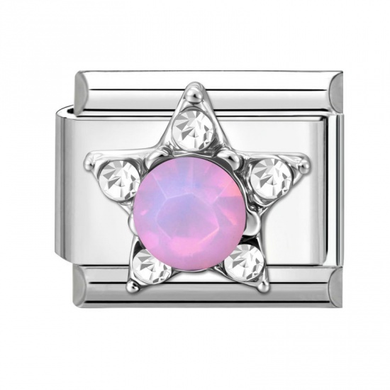 Picture of 1 Piece 304 Stainless Steel Italian Charm Links For DIY Modular Bracelet Watch Jewelry Making Wholesale Silver Tone Rectangle Pentagram Star Pink Rhinestone 10mm x 9mm