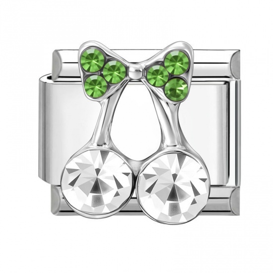 Picture of 1 Piece 304 Stainless Steel Italian Charm Links For DIY Modular Bracelet Watch Jewelry Making Wholesale Silver Tone Rectangle Cherry Fruit Green Rhinestone 10mm x 9mm