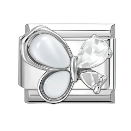 Picture of 1 Piece 304 Stainless Steel Italian Charm Links For DIY Modular Bracelet Watch Jewelry Making Wholesale Silver Tone Rectangle Butterfly Clear Rhinestone 10mm x 9mm