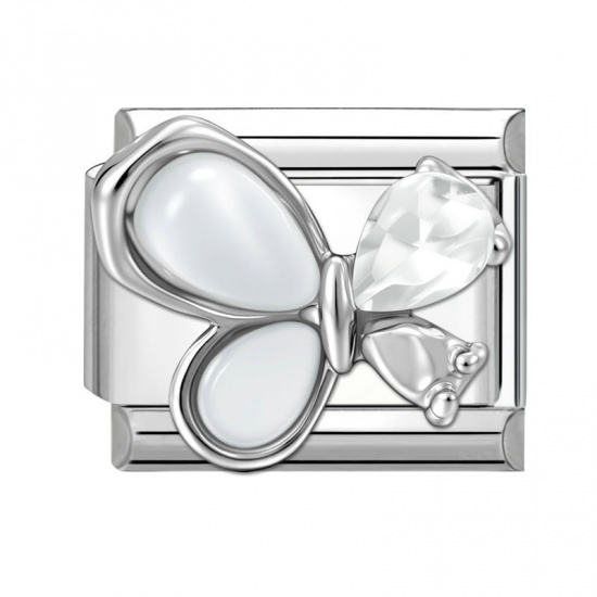 Picture of 1 Piece 304 Stainless Steel Italian Charm Links For DIY Modular Bracelet Watch Jewelry Making Wholesale Silver Tone Rectangle Butterfly Clear Rhinestone 10mm x 9mm