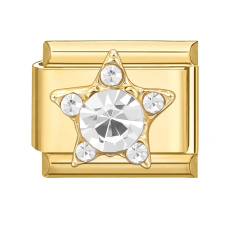 Picture of 1 Piece 304 Stainless Steel Italian Charm Links For DIY Modular Bracelet Watch Jewelry Making Wholesale Gold Plated Rectangle Pentagram Star Clear Rhinestone 10mm x 9mm