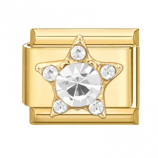 Picture of 1 Piece 304 Stainless Steel Italian Charm Links For DIY Modular Bracelet Watch Jewelry Making Wholesale Gold Plated Rectangle Pentagram Star Clear Rhinestone 10mm x 9mm