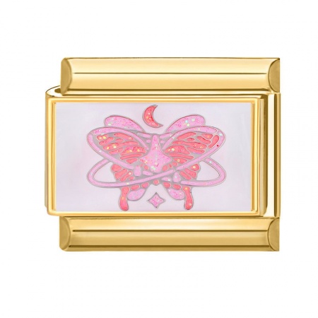Picture of 1 Piece 304 Stainless Steel Italian Charm Links For DIY Bracelet Jewelry Making Wholesale Gold Plated Pink Rectangle Butterfly 10mm x 9mm