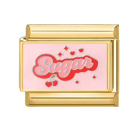 Picture of 1 Piece 304 Stainless Steel Italian Charm Links For DIY Bracelet Jewelry Making Wholesale Gold Plated Pink Rectangle Message " SUGAR " 10mm x 9mm