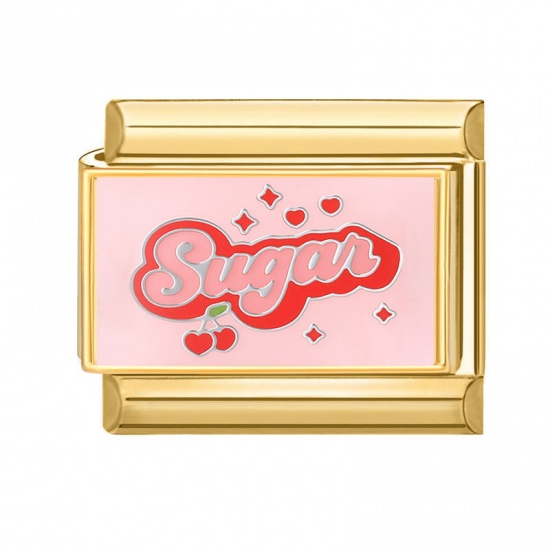 Picture of 1 Piece 304 Stainless Steel Italian Charm Links For DIY Bracelet Jewelry Making Wholesale Gold Plated Pink Rectangle Message " SUGAR " 10mm x 9mm