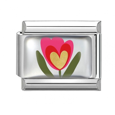 Picture of 1 Piece 304 Stainless Steel Italian Charm Links For DIY Bracelet Jewelry Making Wholesale Silver Tone Pink Rectangle Flower 10mm x 9mm