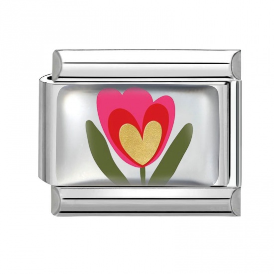 Picture of 1 Piece 304 Stainless Steel Italian Charm Links For DIY Bracelet Jewelry Making Wholesale Silver Tone Pink Rectangle Flower 10mm x 9mm
