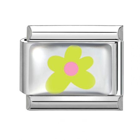 Picture of 1 Piece 304 Stainless Steel Italian Charm Links For DIY Bracelet Jewelry Making Wholesale Silver Tone Green Rectangle Flower 10mm x 9mm