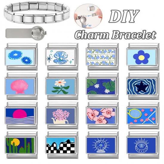 Picture of 1 Piece 304 Stainless Steel Italian Charm Links For DIY Bracelet Jewelry Making Wholesale Silver Tone Blue Rectangle Flower 10mm x 9mm