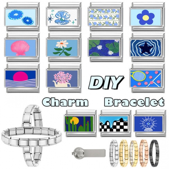Picture of 1 Piece 304 Stainless Steel Italian Charm Links For DIY Bracelet Jewelry Making Wholesale Silver Tone Blue Rectangle Flower 10mm x 9mm