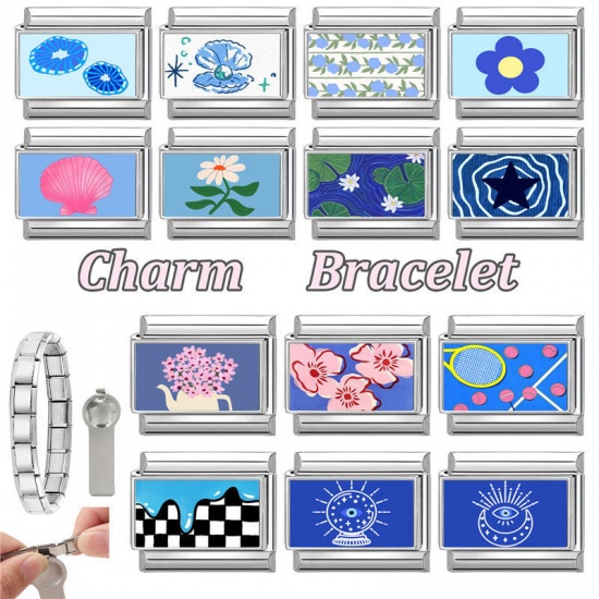 Picture of 1 Piece 304 Stainless Steel Italian Charm Links For DIY Bracelet Jewelry Making Wholesale Silver Tone Blue Rectangle Flower 10mm x 9mm