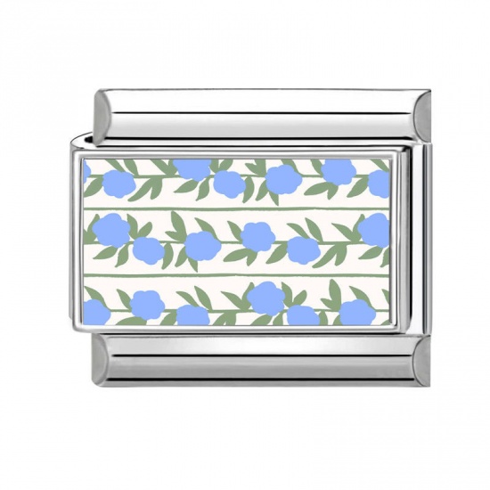 Picture of 1 Piece 304 Stainless Steel Italian Charm Links For DIY Bracelet Jewelry Making Wholesale Silver Tone Blue Rectangle Flower 10mm x 9mm