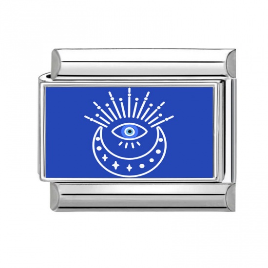 Picture of 1 Piece 304 Stainless Steel Italian Charm Links For DIY Bracelet Jewelry Making Wholesale Silver Tone Blue Rectangle Eye 10mm x 9mm