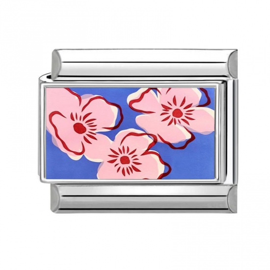 Picture of 1 Piece 304 Stainless Steel Italian Charm Links For DIY Bracelet Jewelry Making Wholesale Silver Tone Pink Rectangle Flower 10mm x 9mm