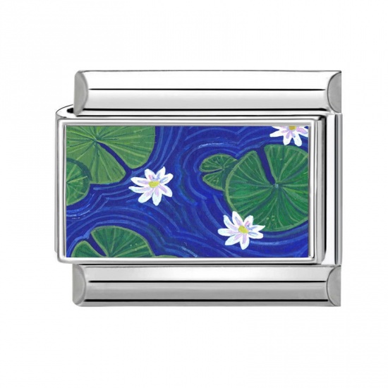 Picture of 1 Piece 304 Stainless Steel Italian Charm Links For DIY Bracelet Jewelry Making Wholesale Silver Tone Green Rectangle Lotus Leaf 10mm x 9mm