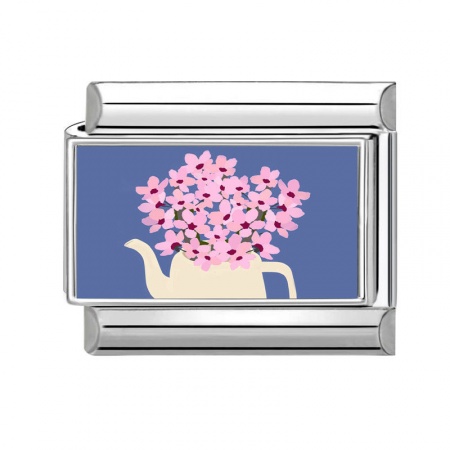 Picture of 1 Piece 304 Stainless Steel Italian Charm Links For DIY Bracelet Jewelry Making Wholesale Silver Tone Pink Rectangle Flower 10mm x 9mm