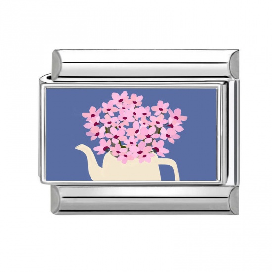 Picture of 1 Piece 304 Stainless Steel Italian Charm Links For DIY Bracelet Jewelry Making Wholesale Silver Tone Pink Rectangle Flower 10mm x 9mm