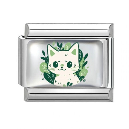 Picture of 1 Piece 304 Stainless Steel Italian Charm Links For DIY Bracelet Jewelry Making Wholesale Silver Tone Green Rectangle Cat 10mm x 9mm
