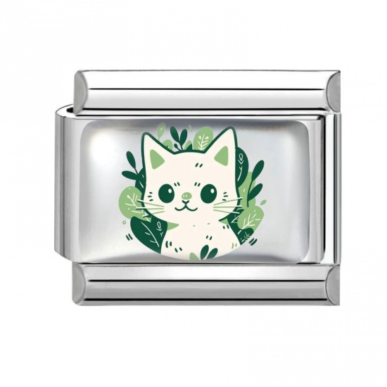 Picture of 1 Piece 304 Stainless Steel Italian Charm Links For DIY Bracelet Jewelry Making Wholesale Silver Tone Green Rectangle Cat 10mm x 9mm
