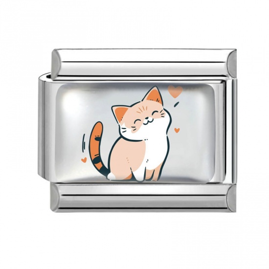 Picture of 1 Piece 304 Stainless Steel Italian Charm Links For DIY Bracelet Jewelry Making Wholesale Silver Tone Multicolor Rectangle Cat 10mm x 9mm
