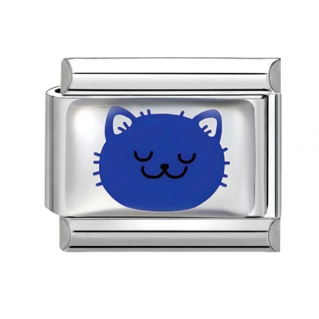 Picture of 1 Piece 304 Stainless Steel Italian Charm Links For DIY Bracelet Jewelry Making Wholesale Silver Tone Blue Rectangle Cat 10mm x 9mm