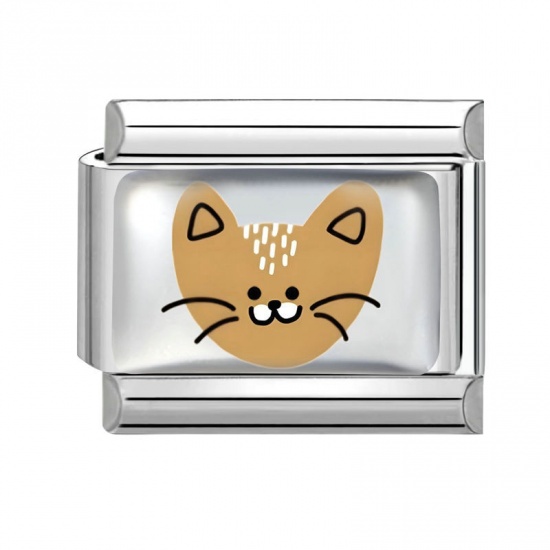 Picture of 1 Piece 304 Stainless Steel Italian Charm Links For DIY Bracelet Jewelry Making Wholesale Silver Tone Brown Rectangle Cat 10mm x 9mm