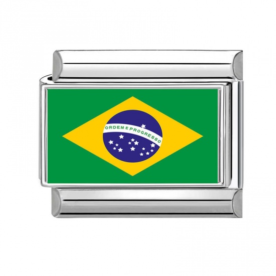 Picture of 1 Piece 304 Stainless Steel Italian Charm Links For DIY Bracelet Jewelry Making Wholesale Silver Tone Rectangle Brazilian Flag 10mm x 9mm