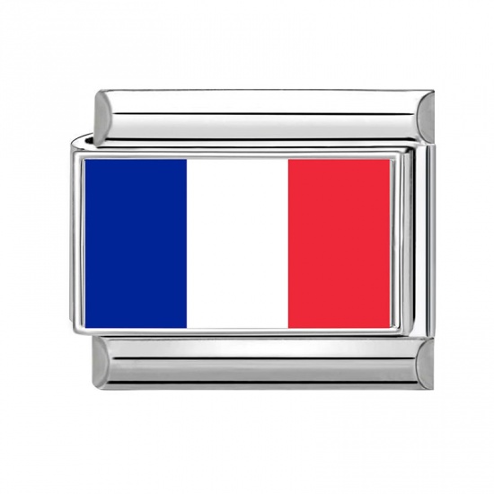Picture of 1 Piece 304 Stainless Steel Italian Charm Links For DIY Bracelet Jewelry Making Wholesale Silver Tone Rectangle French Flag 10mm x 9mm