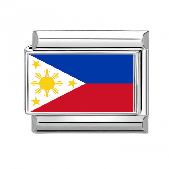 Picture of 1 Piece 304 Stainless Steel Italian Charm Links For DIY Bracelet Jewelry Making Wholesale Silver Tone Rectangle Philippine Flag 10mm x 9mm