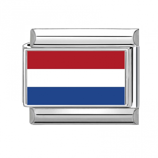 Picture of 1 Piece 304 Stainless Steel Italian Charm Links For DIY Bracelet Jewelry Making Wholesale Silver Tone Rectangle Dutch Flag 10mm x 9mm