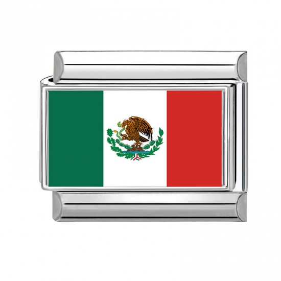 Picture of 1 Piece 304 Stainless Steel Italian Charm Links For DIY Bracelet Jewelry Making Wholesale Silver Tone Rectangle Mexican Flag 10mm x 9mm