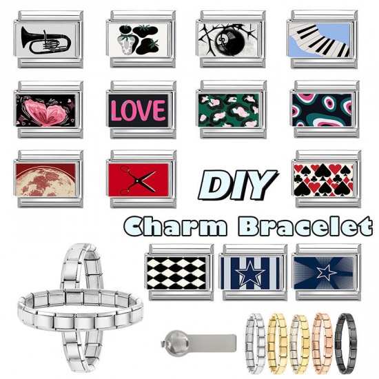 Picture of 1 Piece 304 Stainless Steel Italian Charm Links For DIY Bracelet Jewelry Making Wholesale Silver Tone Black Rectangle 10mm x 9mm