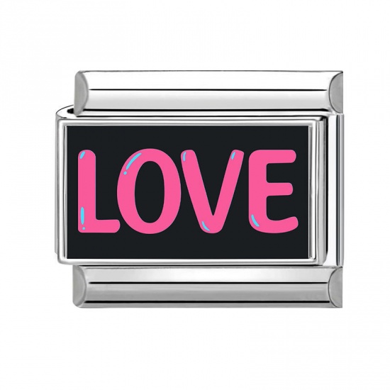 Immagine di 1 Pz 304 Acciaio Inossidabile San Valentino Bracciale con Charm Italiano a Maglie, Creazione di Gioielli Fai-da-te All'Ingrosso Tono Argento Nero Rettangolo Messaggio " LOVE " 10mm x 9mm