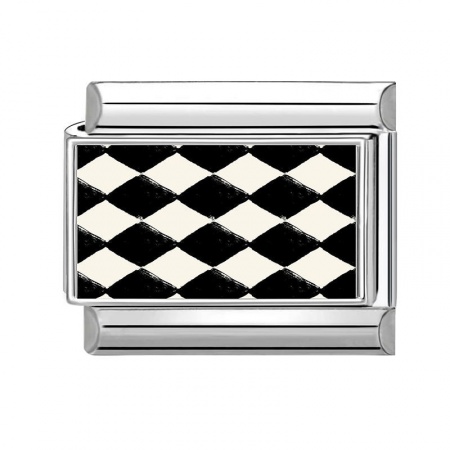 Picture of 1 Piece 304 Stainless Steel Italian Charm Links For DIY Bracelet Jewelry Making Wholesale Silver Tone Black Rectangle Grid Checker 10mm x 9mm