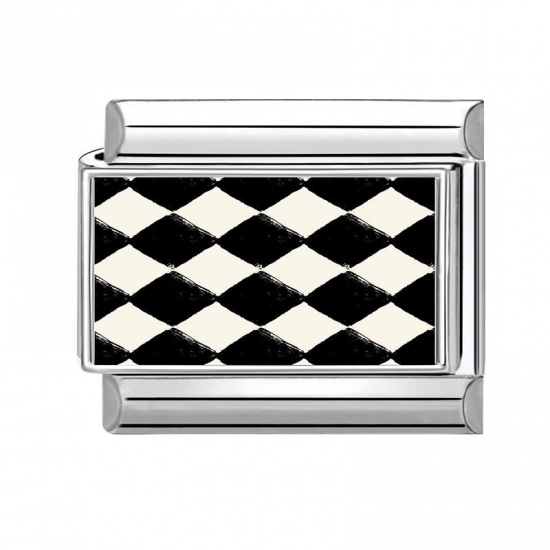 Picture of 1 Piece 304 Stainless Steel Italian Charm Links For DIY Bracelet Jewelry Making Wholesale Silver Tone Black Rectangle Grid Checker 10mm x 9mm