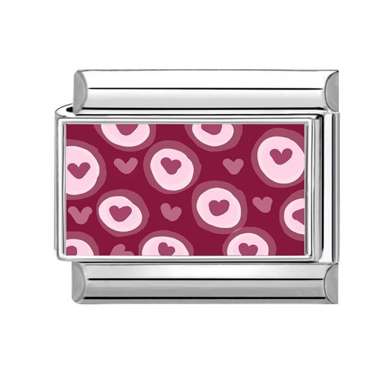 Immagine di 1 Pz 304 Acciaio Inossidabile San Valentino Bracciale con Charm Italiano a Maglie, Creazione di Gioielli Fai-da-te All'Ingrosso Tono Argento Rosso Rettangolo Cuore 10mm x 9mm