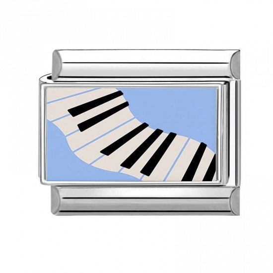 Picture of 1 Piece 304 Stainless Steel Italian Charm Links For DIY Bracelet Jewelry Making Wholesale Silver Tone Black Rectangle Piano 10mm x 9mm