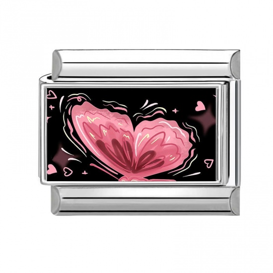 Picture of 1 Piece 304 Stainless Steel Valentine's Day Italian Charm Links For DIY Bracelet Jewelry Making Wholesale Silver Tone Pink Rectangle Heart 10mm x 9mm